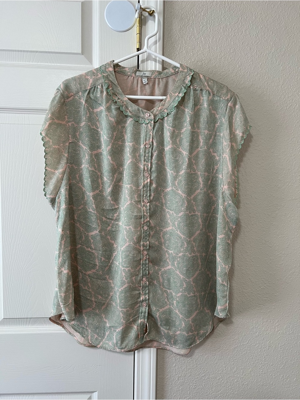 Joie Paisley Stamp Scalloped Trim Button Front Blouse Pink Mint Green XXL